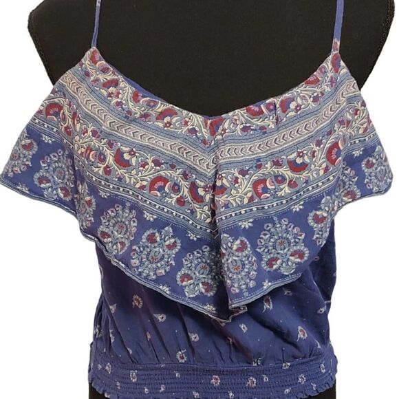 American Eagle Blue Red Paisley Ruffle Crop Tank Small - Picture 2 of 4